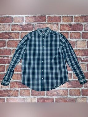 Pre-Owned jcp Green Blue Plaid Button-Up 80's 2-ply Long Sleeve Shirt Size L